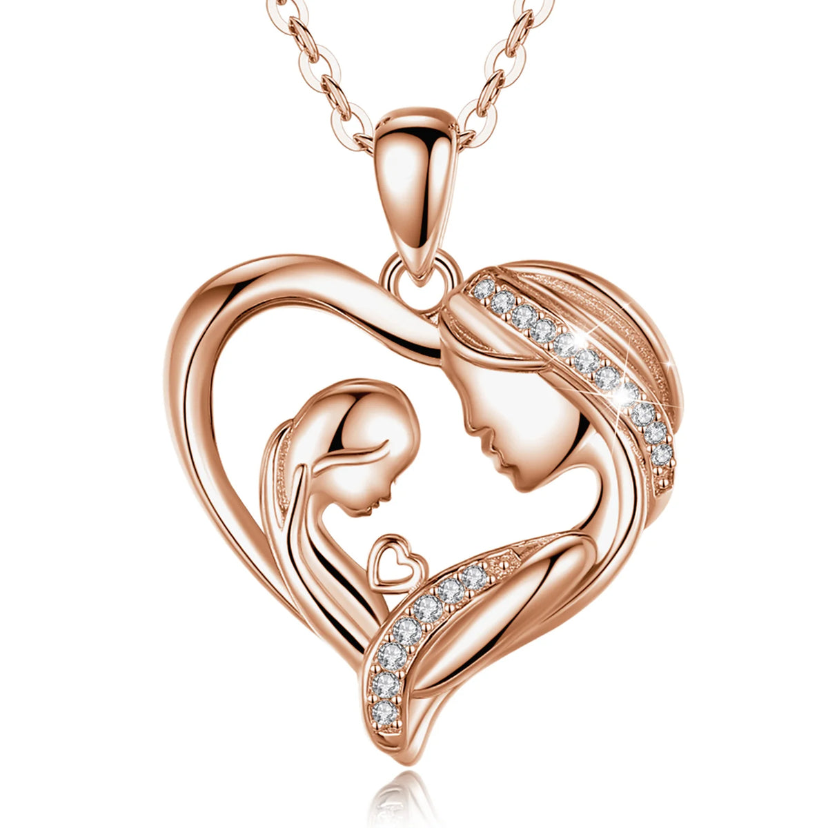 Rose gold-tone mother daughter heart necklace with clear stone accents and oval-link chain