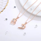 Rose gold-tone Mother heart and Daughter crescent necklaces with clear crystal stones