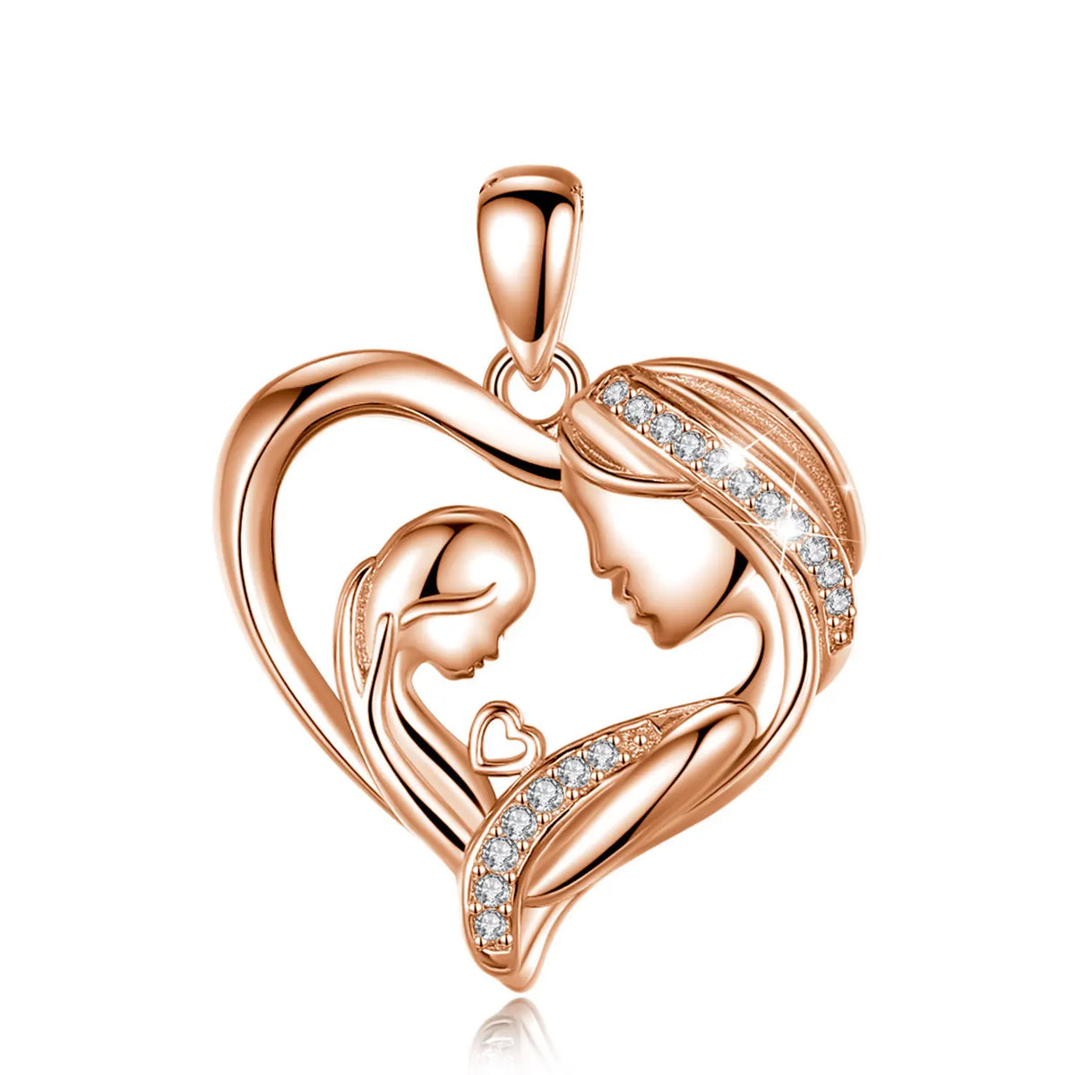 Rose gold-tone heart pendant with facing profiles, open heart detail, and clear stones