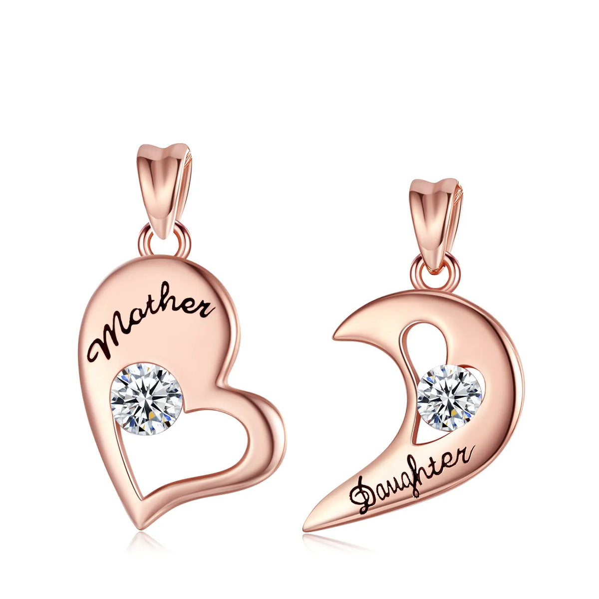 Rose gold-tone Mother heart and Daughter crescent pendants with round clear crystal stones