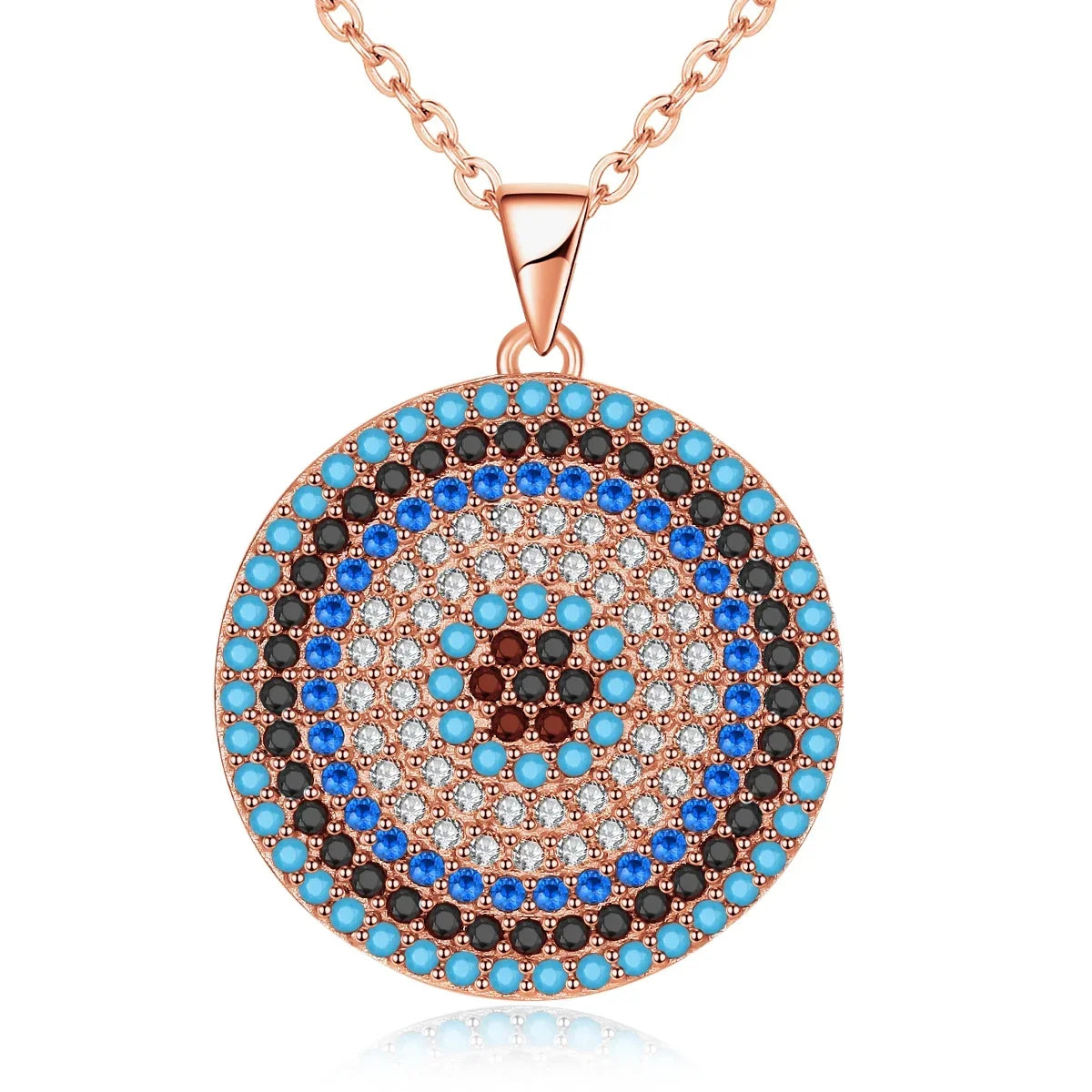 Rose Gold-Tone evil eye necklace on white with clear CZ and blue, black, and turquoise-colored stones