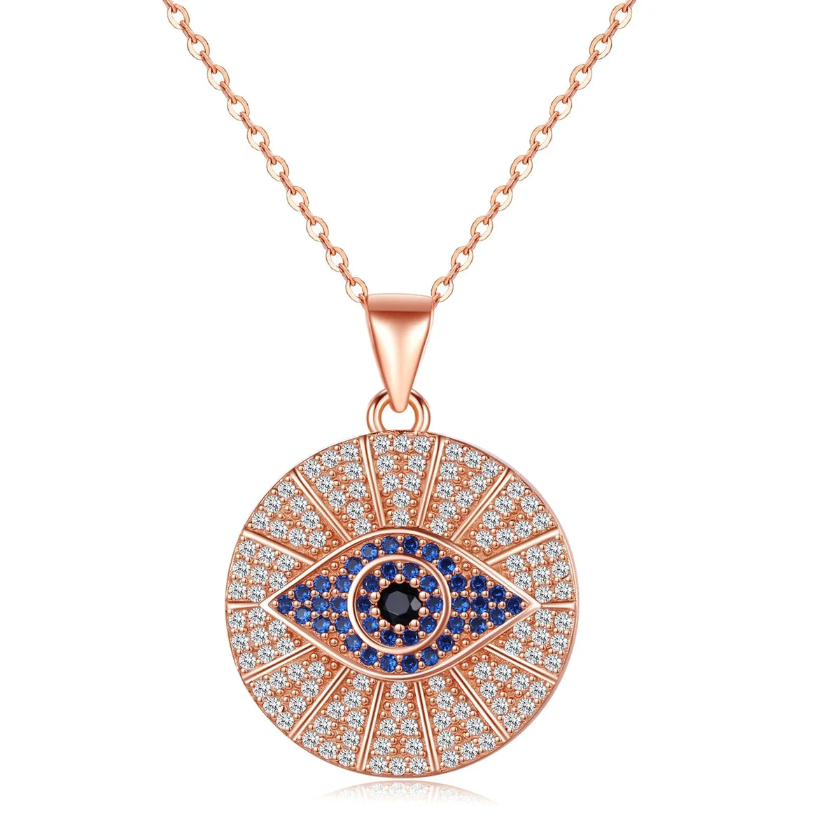 Rose gold-tone evil eye medallion necklace with a black center stone and blue CZ eye