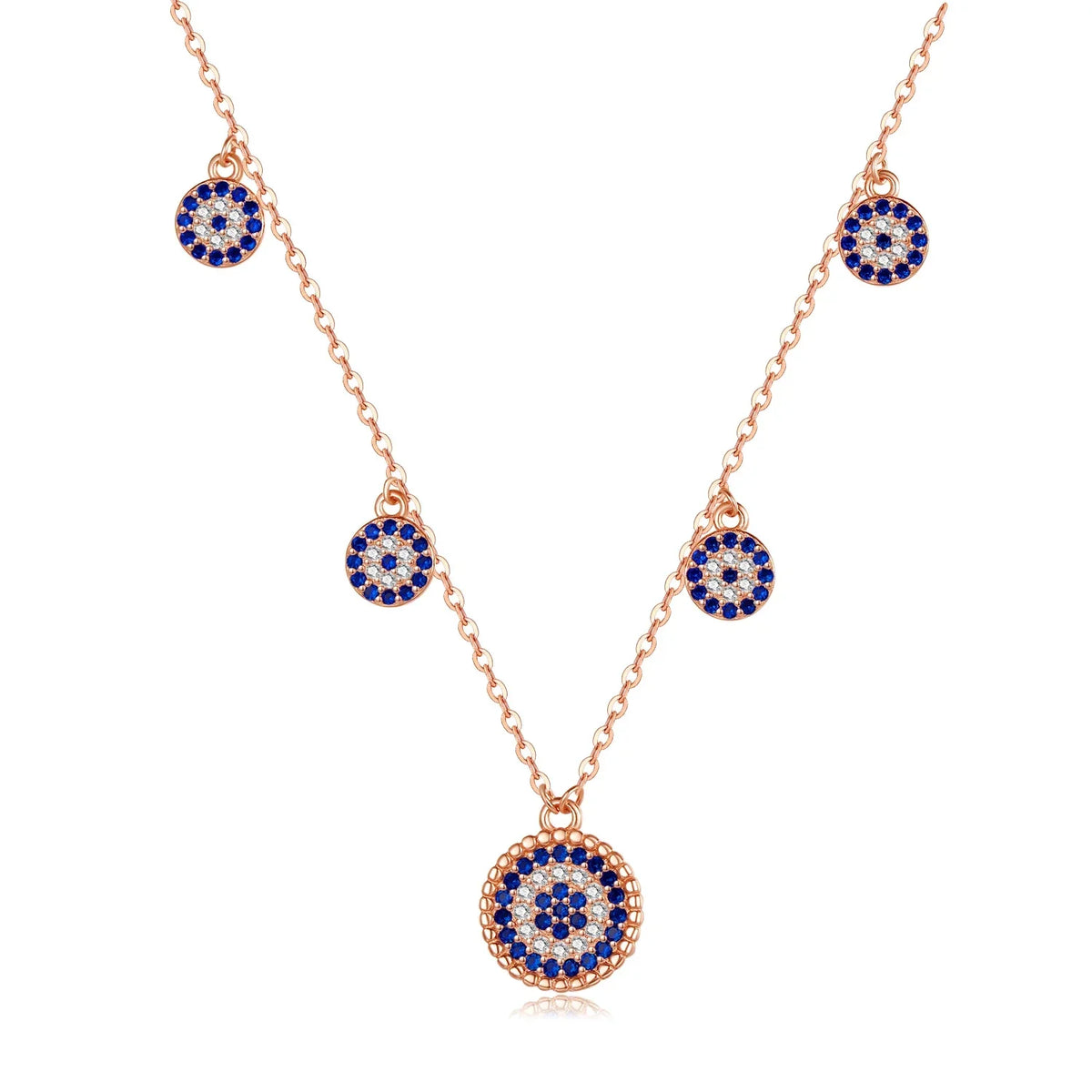 Rose gold-tone station necklace with five blue and clear CZ evil eye charms on a fine cable chain