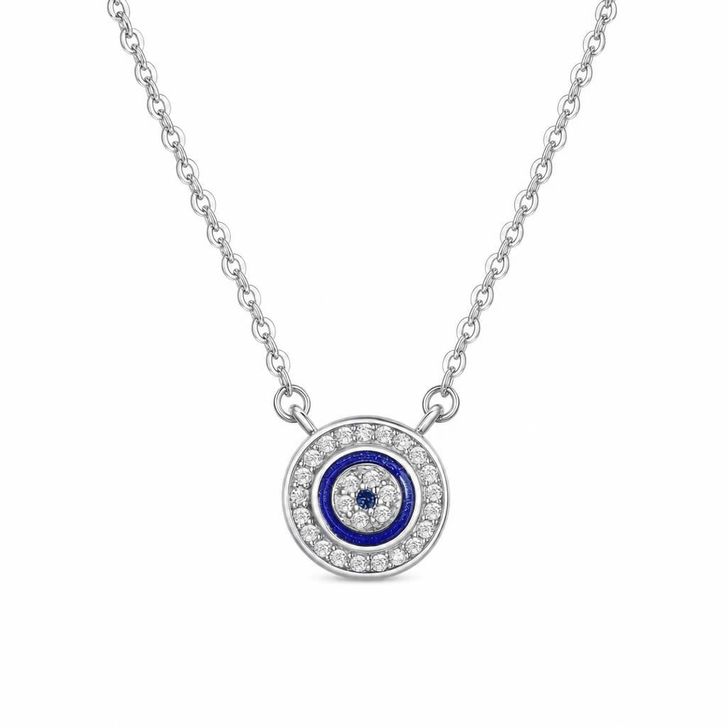 Round evil eye necklace in 925 sterling silver with blue concentric rings and clear cubic zirconia on white
