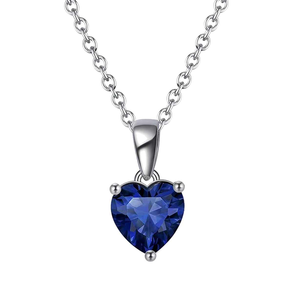 September blue faceted heart pendant necklace on a white background