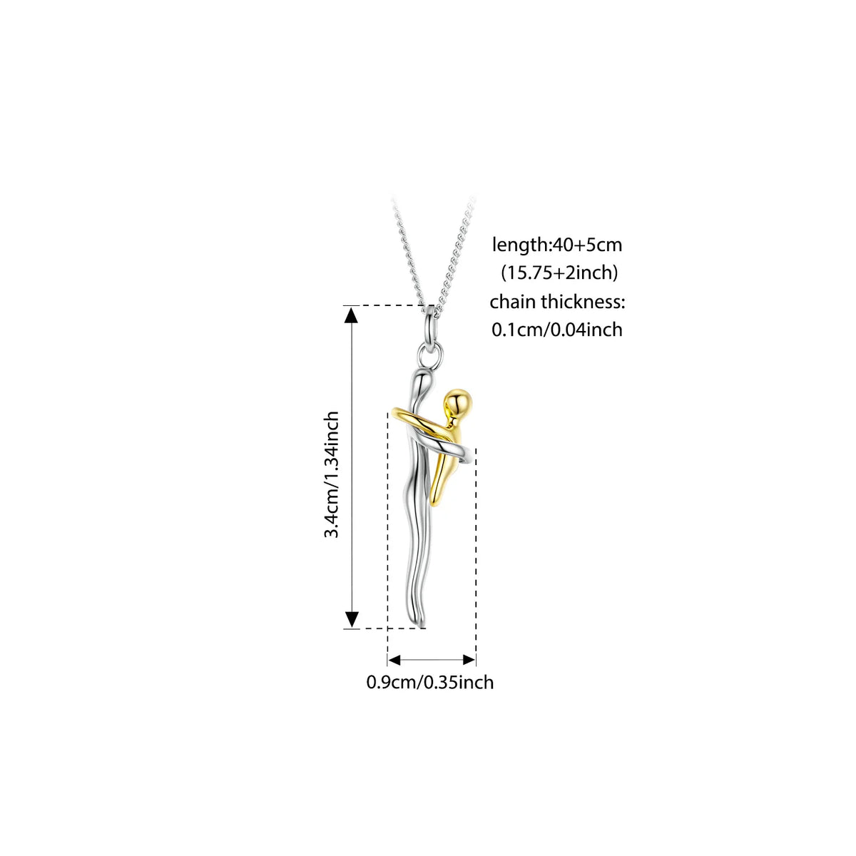 Side-profile hug necklace size chart showing a 1.34 x 0.35 in (3.4 x 0.9 cm) pendant and 16 in (41 cm) chain with 2 in (5 cm) extender