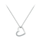 925 sterling silver asymmetrical open heart necklace with clear CZ stones on a white background