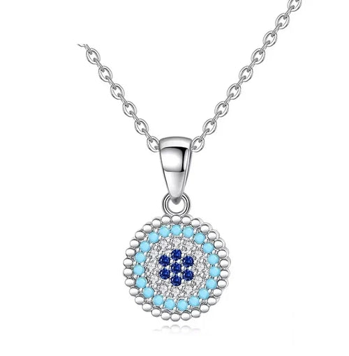 Beaded evil eye necklace in 925 sterling silver with light-blue, clear and dark-blue CZ stones on white