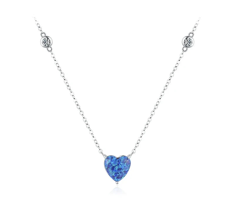 Silver-tone blue heart necklace with clear round crystals on each side of the chain