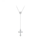 Y lariat silver cross necklace with a CZ heart connector and pointed cross on a white background