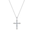 Silver-tone marquise cross necklace with moissanite stones and oval-link chain on white