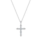 Silver-tone marquise cross necklace with moissanite stones and oval-link chain on white
