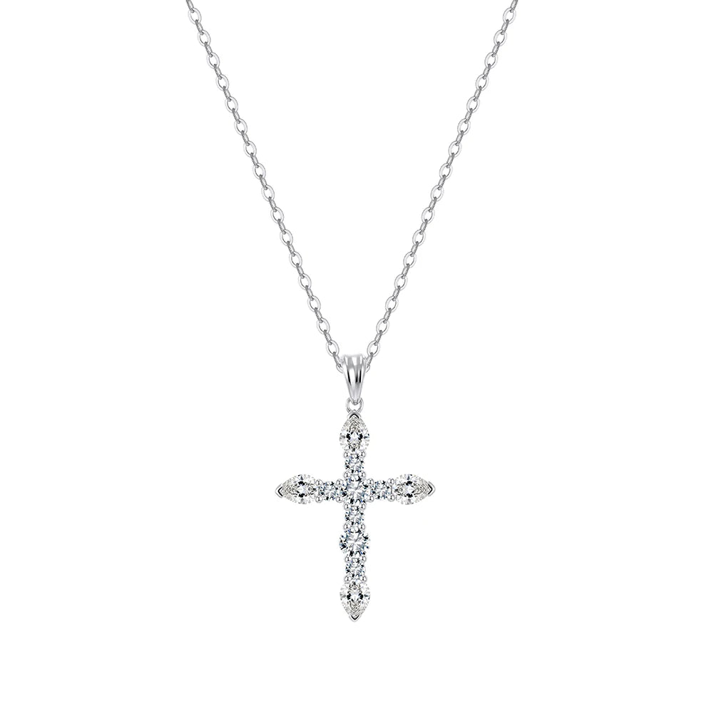Silver-tone marquise cross necklace with moissanite stones and oval-link chain on white