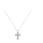 Cable chain silver cross necklace with six moissanite stones on a white background