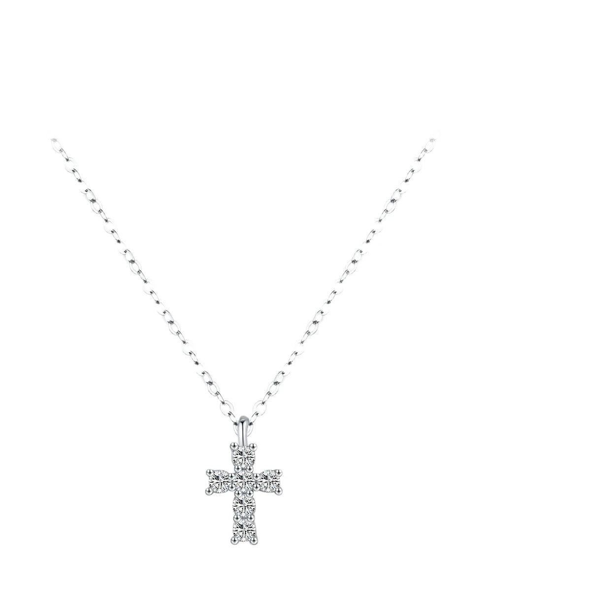 Cable chain silver cross necklace with six moissanite stones on a white background