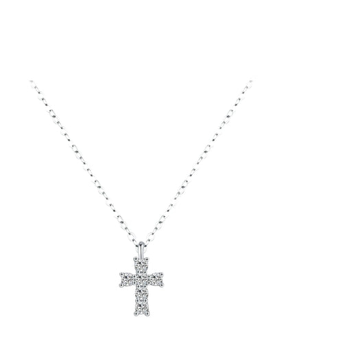 Cable chain silver cross necklace with six moissanite stones on a white background