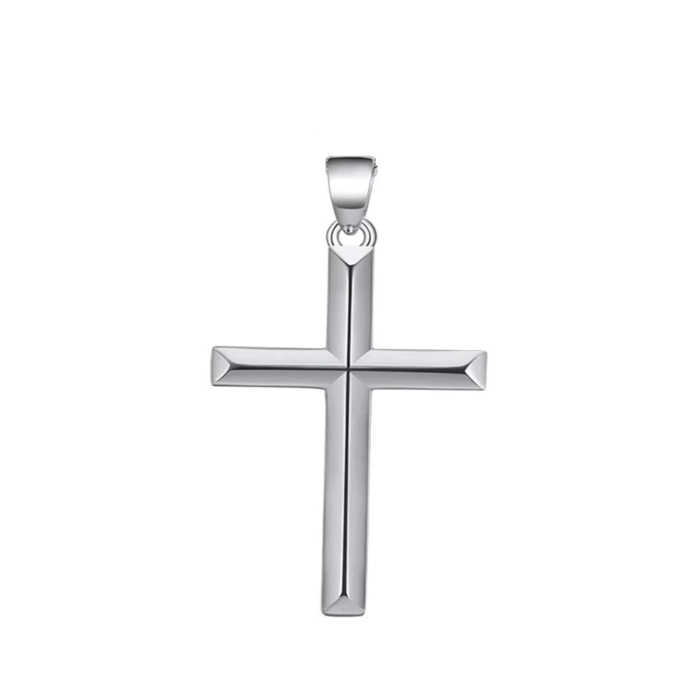 Silver-tone faceted cross pendant with tapered bail on a white background