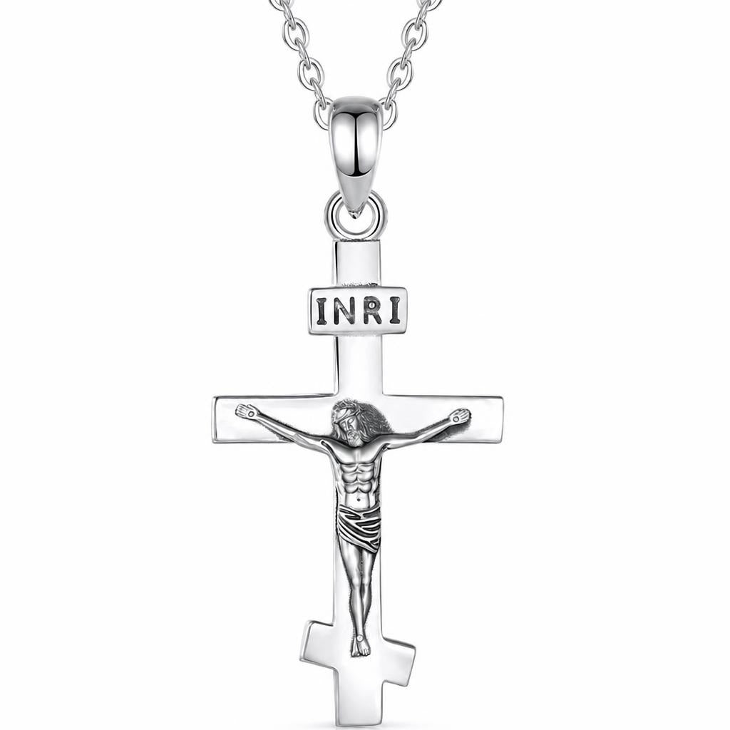 Silver crucifix necklace with polished 925 sterling silver cross, raised Jesus figure and INRI plaque