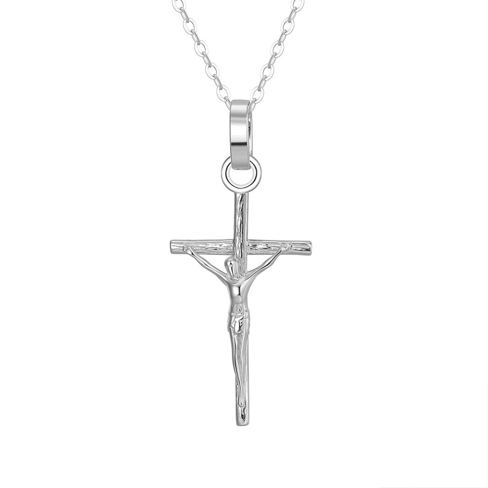 Silver-tone 925 sterling silver crucifix necklace with a textured Christ figure on a white background