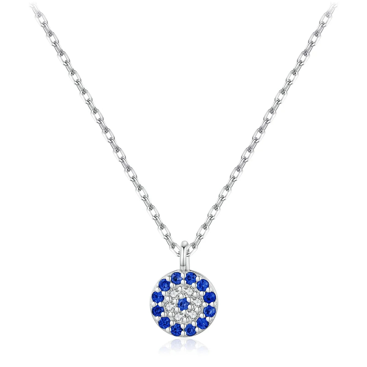Silver-tone crystal evil eye necklace with a round pendant of blue and clear stones on a white background