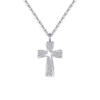 Curved silver cross necklace with clear CZ stones and raised center ridge on white