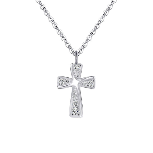 Curved silver cross necklace with clear CZ stones and raised center ridge on white