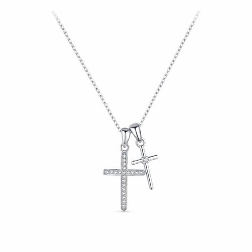 Double silver cross necklace with a CZ-lined cross and smaller center-stone cross on white