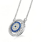 Double halo evil eye necklace in silver-tone 925 sterling silver with blue, clear and pale-yellow CZ stones