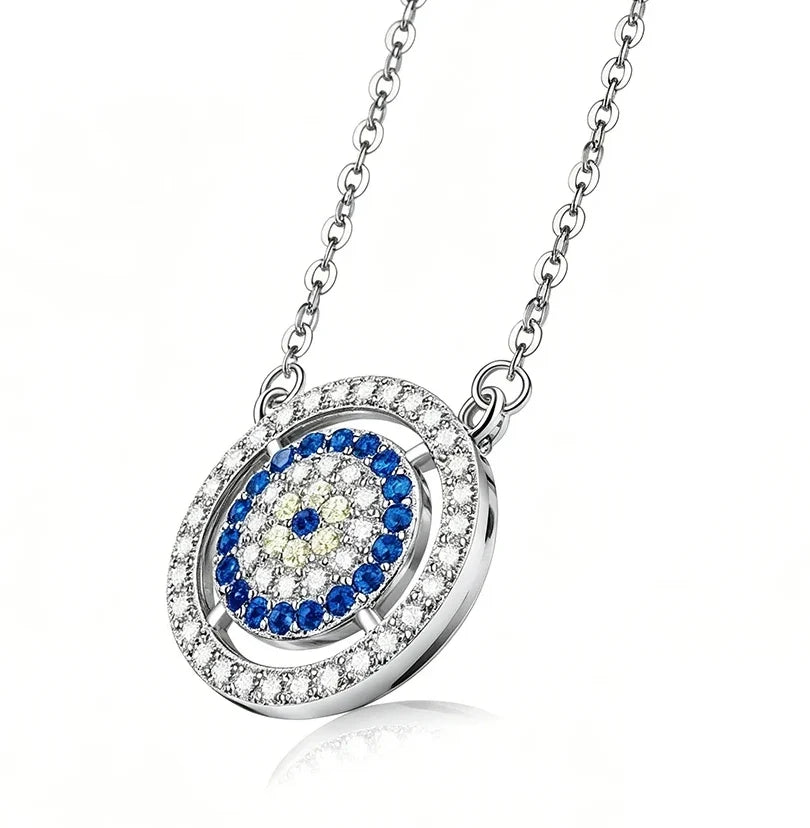 Double halo evil eye necklace in silver-tone 925 sterling silver with blue, clear and pale-yellow CZ stones