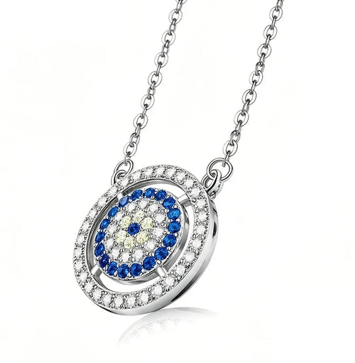 Double halo evil eye necklace in silver-tone 925 sterling silver with blue, clear and pale-yellow CZ stones