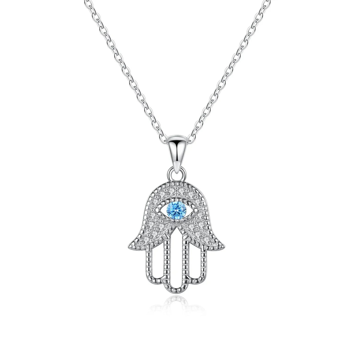 Evil eye hamsa hand necklace in 925 sterling silver with a blue center stone and clear CZ accents on white