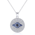 Medallion evil eye necklace in 925 sterling silver with blue and black CZ center on white