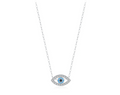 Silver-tone small evil eye necklace with clear outline stones and blue and black center stones on a white background