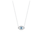 Silver-tone small evil eye necklace with clear outline stones and blue and black center stones on a white background