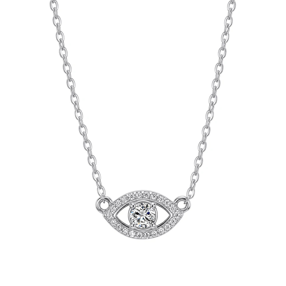 Moissanite evil eye necklace in 925 sterling silver with clear stone outline on white