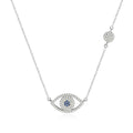 Silver-tone evil eye necklace on white with blue CZ center, clear CZ outline, and round station