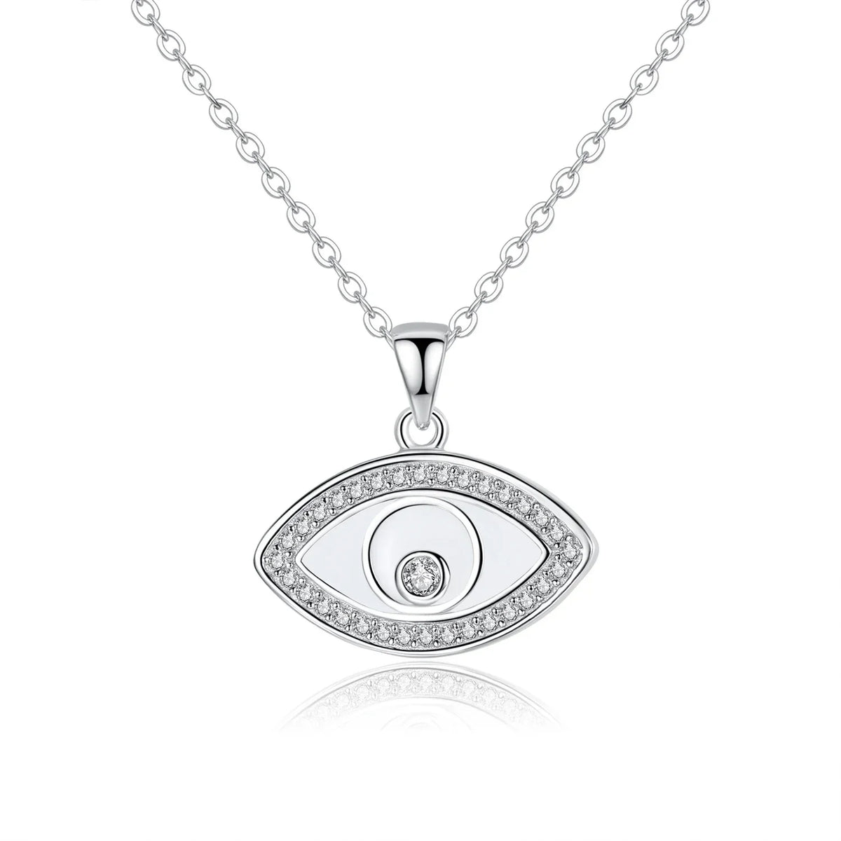 Silver-tone evil eye pendant necklace with clear center stone and CZ border on white