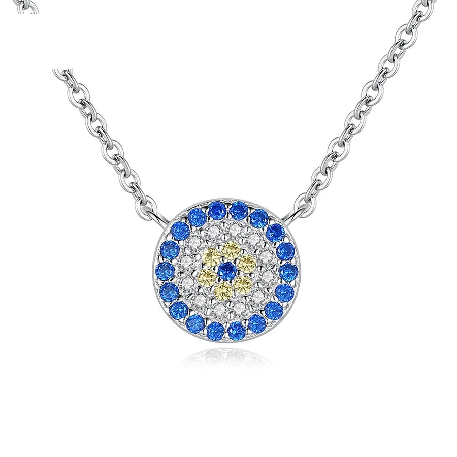 Flower evil eye necklace in 925 sterling silver with blue, clear, and yellow CZ stones