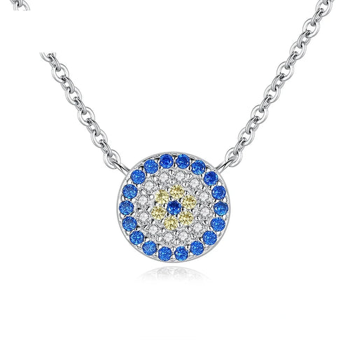 Flower evil eye necklace in 925 sterling silver with blue, clear, and yellow CZ stones