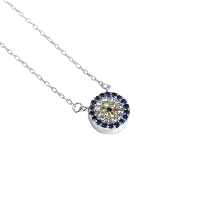 Silver-tone round flower evil eye necklace with blue, clear, and yellow CZ stones on white