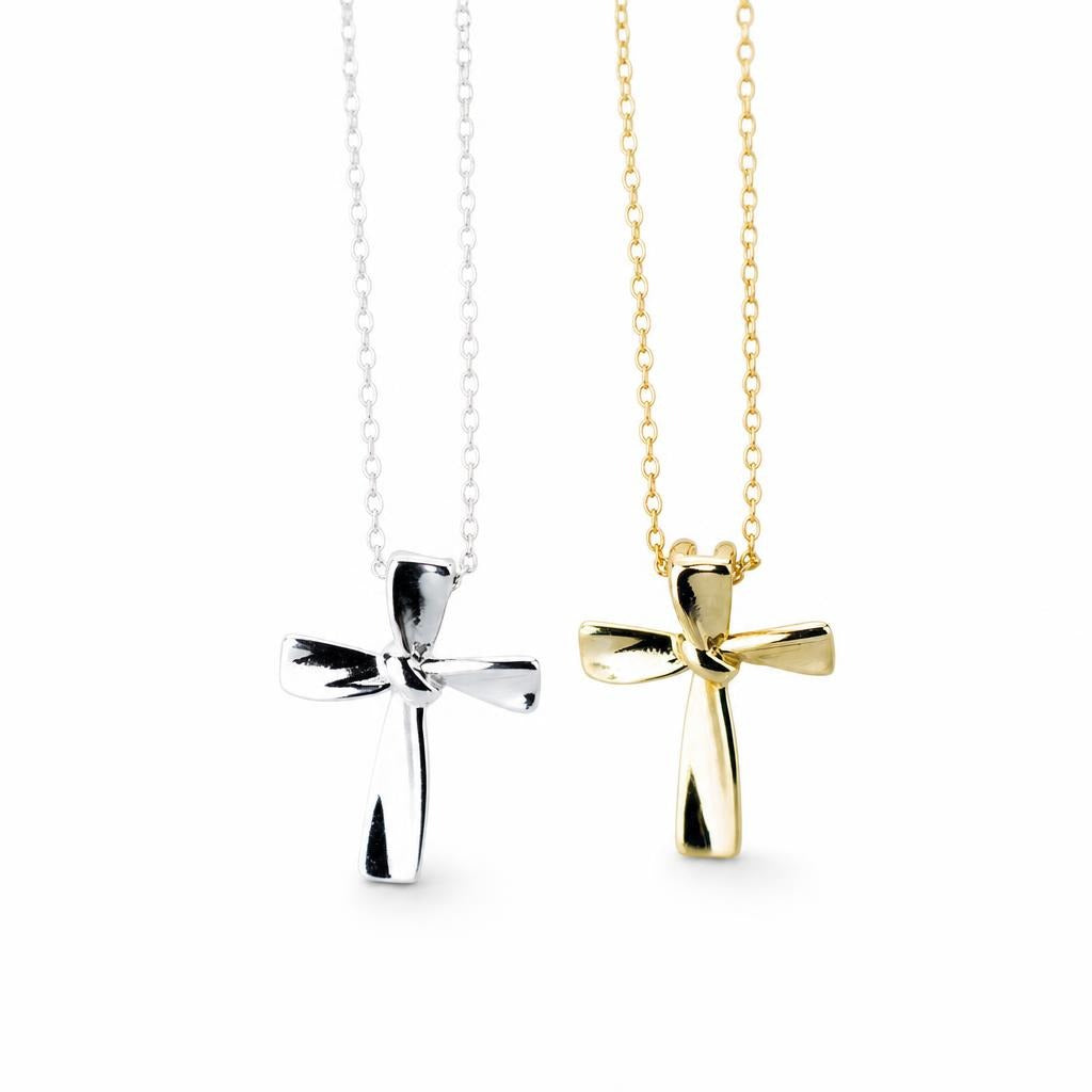 Plain Silver Cross Necklace with Polished Flared Arms on a plain white background