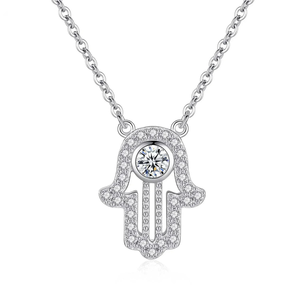 Silver-tone hamsa necklace with a clear CZ stone border, round center stone, and side-loop chain
