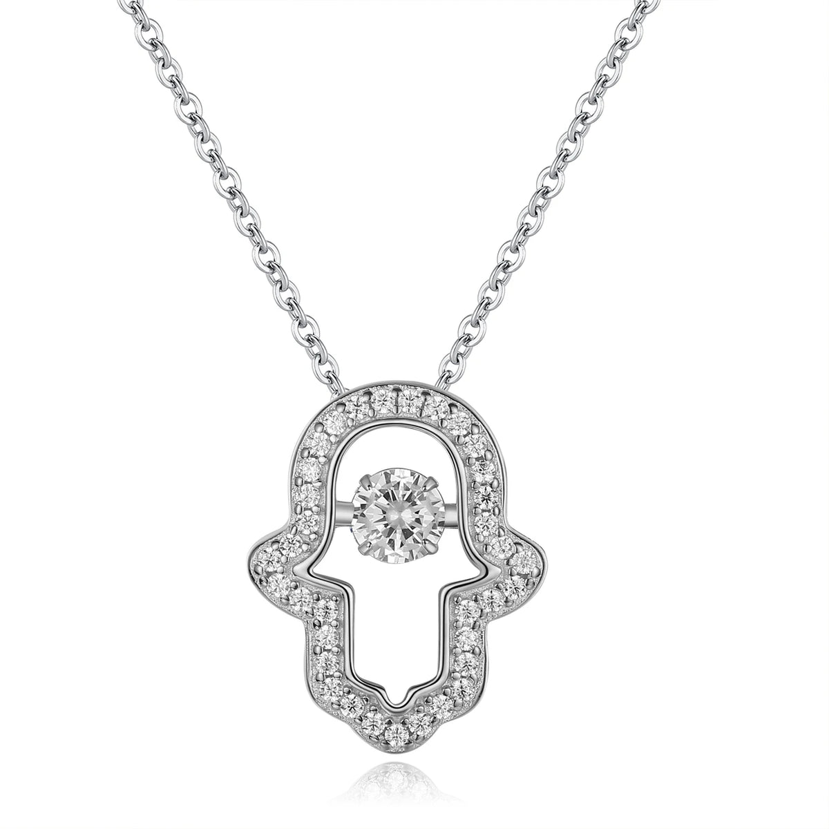 Silver-tone open hamsa necklace close-up with clear CZ stones framing the open hand and center stone