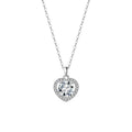 925 sterling silver heart necklace with moissanite center and halo on white background