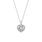 925 sterling silver heart necklace with moissanite center and halo on white background