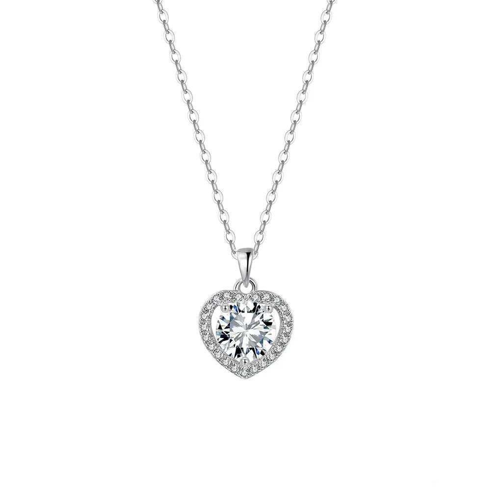 925 sterling silver heart necklace with moissanite center and halo on white background