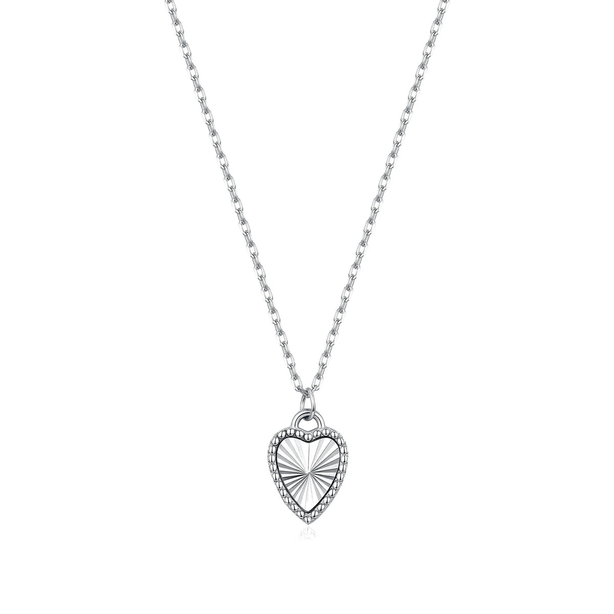 925 sterling silver heart necklace on white showing the elongated-link chain and sunburst pendant
