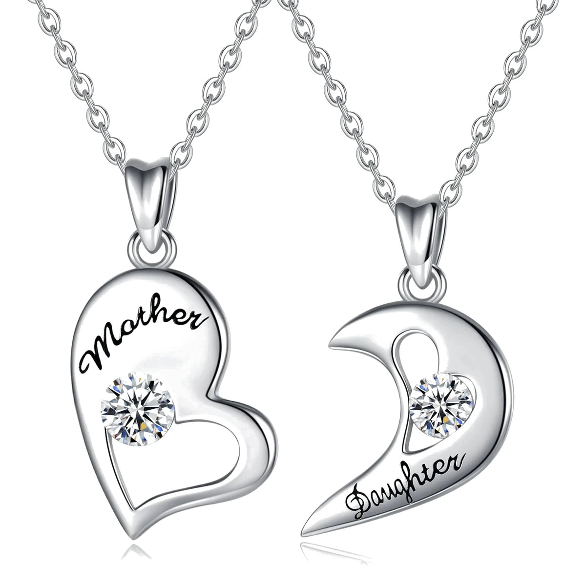 Silver-tone Mother heart and Daughter crescent necklaces with clear crystal stone details
