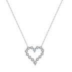 Silver-tone hollow heart necklace in 925 sterling silver with moissanite on white