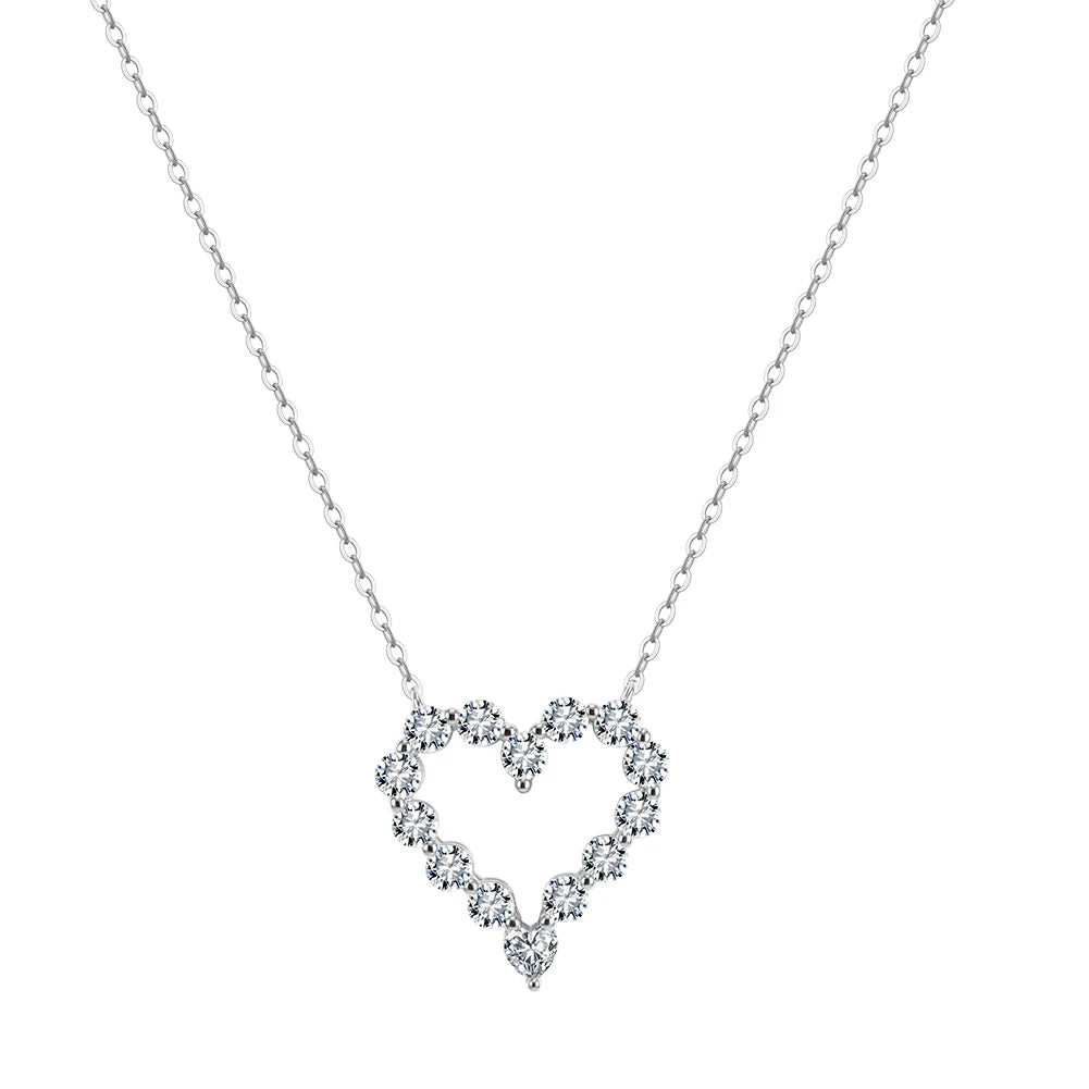 Silver-tone hollow heart necklace in 925 sterling silver with moissanite on white